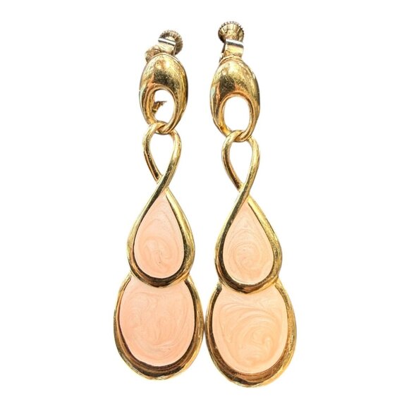 Napier Jewelry - Napier Gold Tone Pink Swirl Enamel Teardrop Clip-On Earrings Vintage 1970s-80s